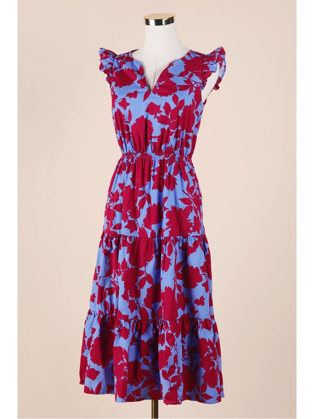 Sz 00 J Crew Mercantile Maroon Mariner Blue Cotton Ruffle Sleeve Midi Dress EUC